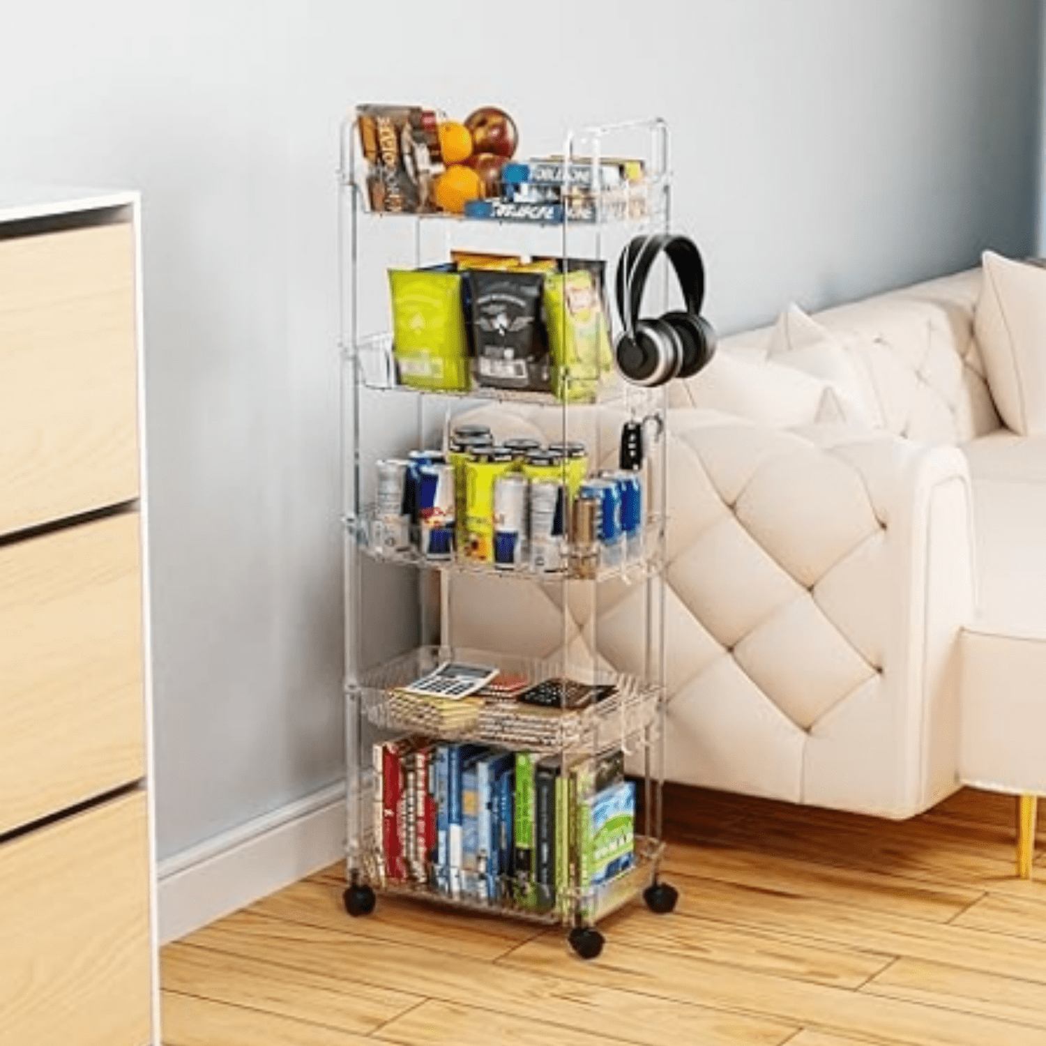 3 Tier Rolling Utility Cart with Wheels,Modern Bedside Cart for Baby Essentials,Nursery,Diaper Caddy,Baby Supplies,Rolling Storage Carts for Living Room,Bathroom,Kitchen,Book Cart