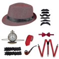 thumbnail image 1 of 1920 Conjunto de accesorios para disfraz de Gatsby para hombre con sombrero de gánster, barba, tirantes elásticos, lazo para el cuello, reloj de bolsillo, 1 of 5