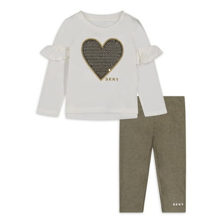 DKNY Baby Girls & Toddler Girls Ruffled Long Sleeve Heart Top & Leggings, 2pc Outfit Set (12M-4T)