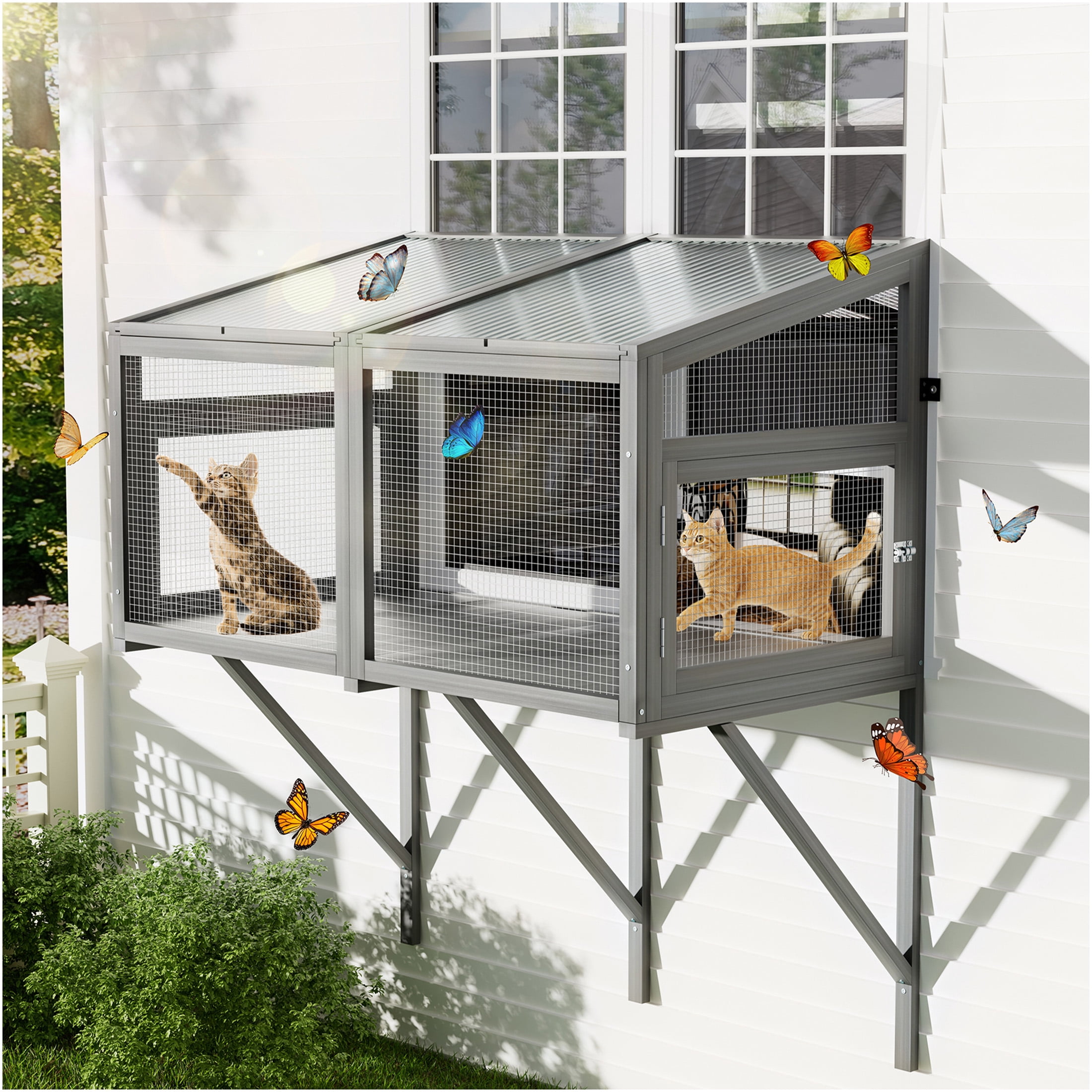 JERFIT Cat Window Enclosure Box, Gray Wooden Catio Perch for Indoor Cats, Expandable Outdoor Haven with Weather-Resistant Roof, Secure Wall Mount