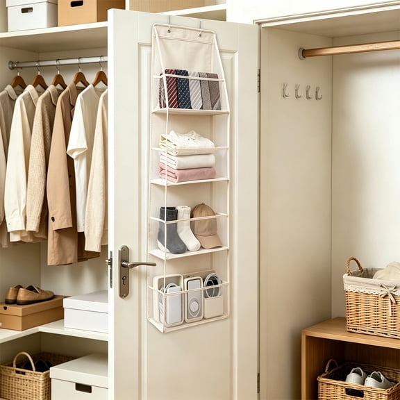 Over the Door Organizer 4-Shelf Closet Hanging Storage Capacity Clear Deep Pockets Behind Door Storage for Nursery, Bathroom, Bedroom, 1 Pack, A