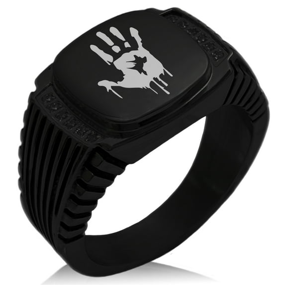 Stainless Steel Biohazard Zombie Hand Mark CZ Ribbed Needle Stripe Pattern Biker Style Polished Ring