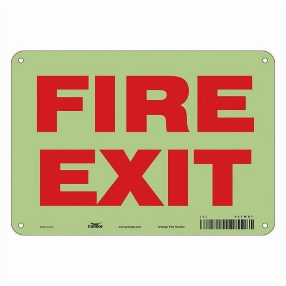 Safety Sign Emergency Exit, Glow Vinyl, 10 in W, 7 in H, FIRE EXIT, White