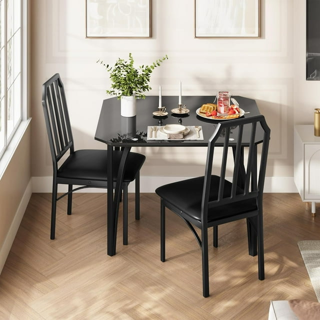 3-piece Small Space Dining Set for 2 - Black Glass Table with Comfortable PU Cushion Chairs