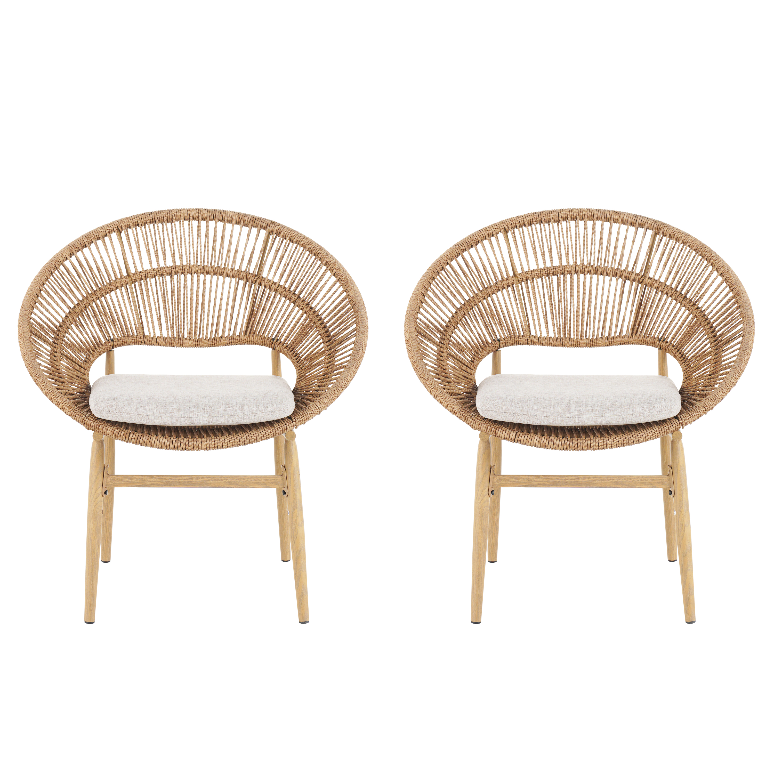 Dining Chairs, Set of 2 Outdoor Papasan Style Dining Chairs PE Wicker With Teak Finish Iron Legs And Beige Cushion, For Patio Dining, Light Brown Beige