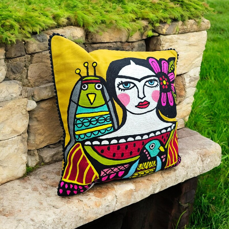 Frida Kahlo Embroidered Cushion Covers, Mexican Boho Floral Throw Pillows, Set of 2, Decorative Art