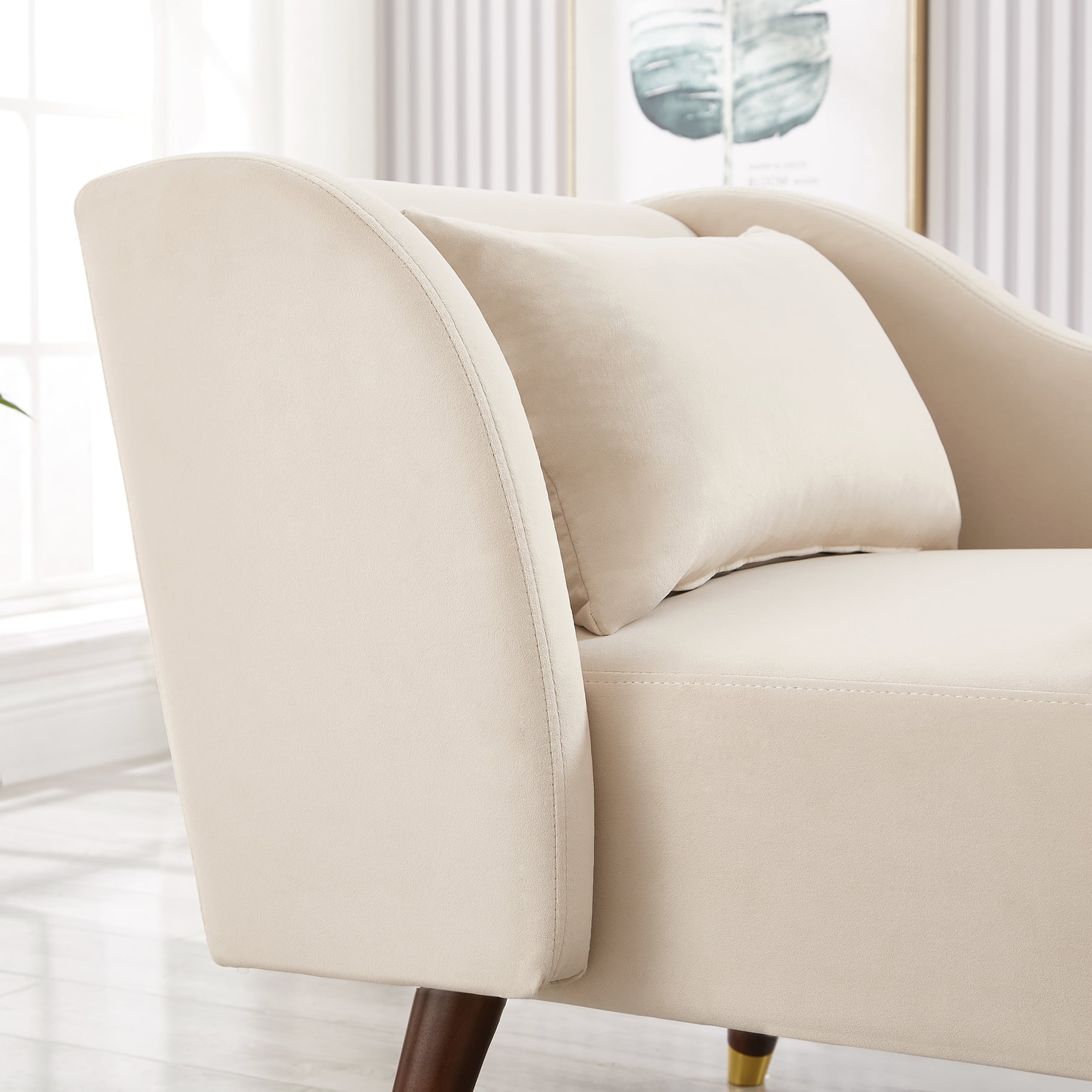 Miniyam Velvet Chaise Lounge, Upholstery Accent Chaise Chair with Pillow for Living Room Bedroom, Left Armrest, Beige