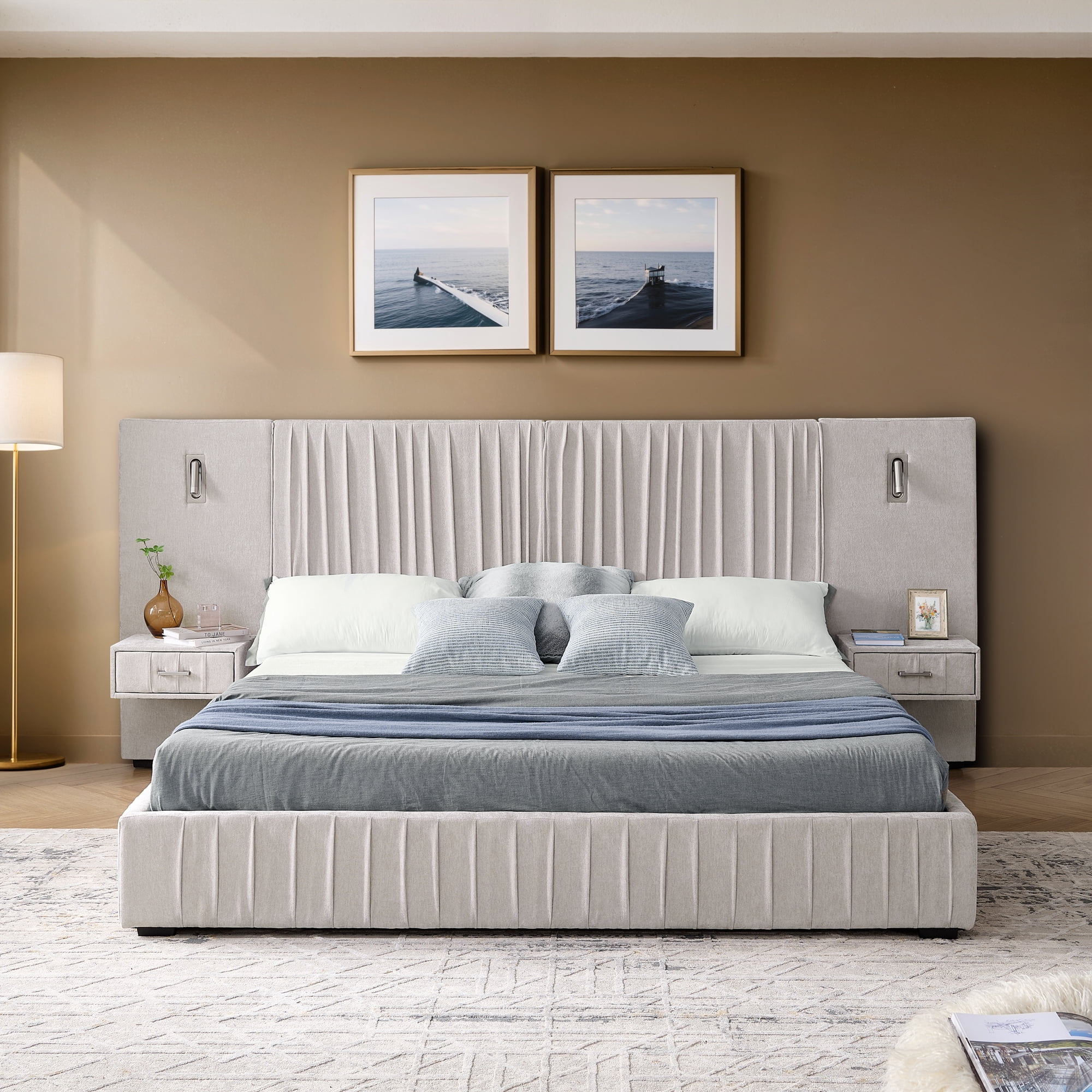 LiviNest Queen Upholstered Bed Frame: Platform Bed with Headboard & Built-in Nightstands - Integrated Adjustable Reading Lamps & Storage for Small Apartments & Modern Bedrooms