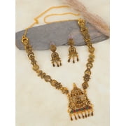 Gold-Plated Traditional Temple Kemp Goddess Laxmi Square Pendant Necklace & Earring Sets