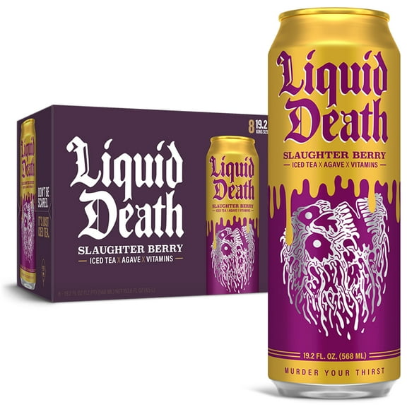 Liquid Death, Slaughter Berry Iced Tea, 8-Pack (19.2oz Cans), Raspberry Flavored Black Tea, Low Calorie, No Artificial Sweeteners, B12 & B6 Vitamins