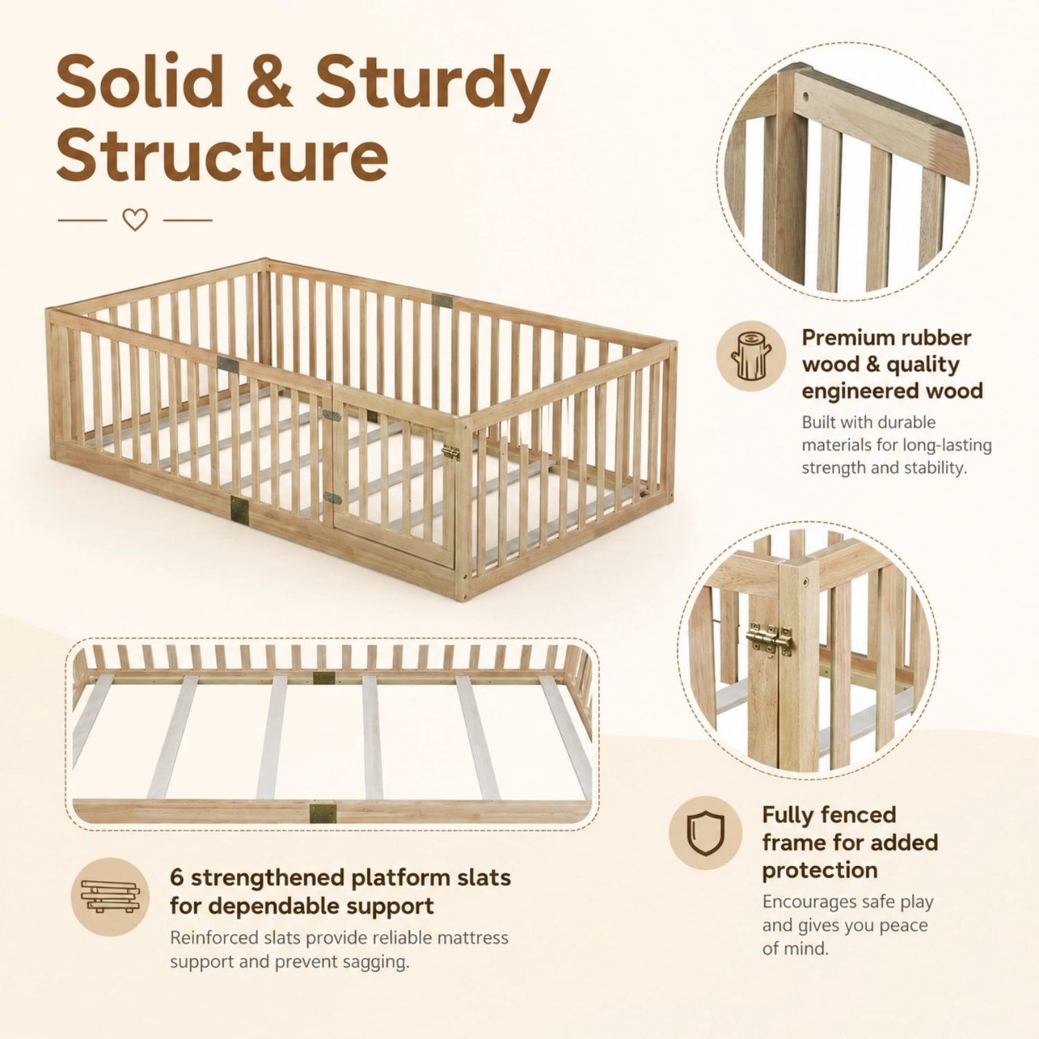 Miniyam Wooden Twin Size Floor Bed for Kids with Door, High Safety Fence, Natural