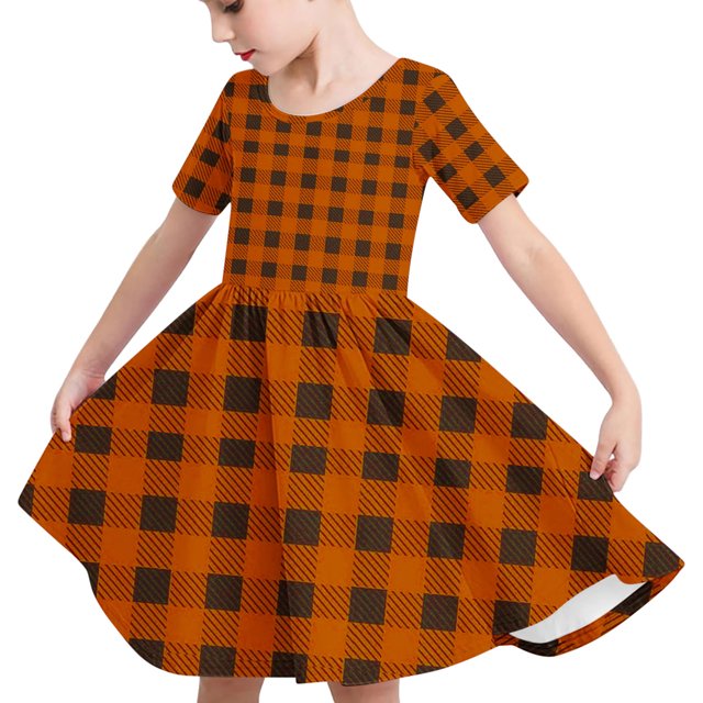 Odeerbi Niñas de Verano Vestido de Línea A Cuadro Vestido de Columpio Vestido Elástico de Manga Corta Para Niños