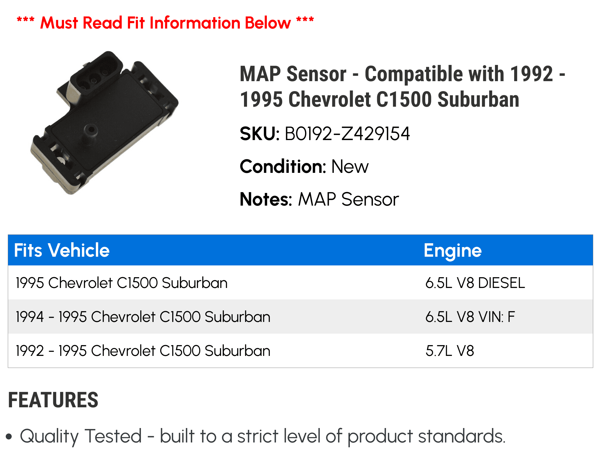 MAP Sensor - Compatible with 1992 - 1995 Chevy C1500 Suburban 1993 1994