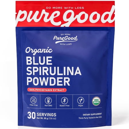 PureGood Organic Blue Spirulina Powder (Phycocyanin Extract) – No Fishy Smell, Vibrant Natural Color for Smoothies, Baking, Drinks – Vegan, Gluten-Free Superfood – 30 Servings