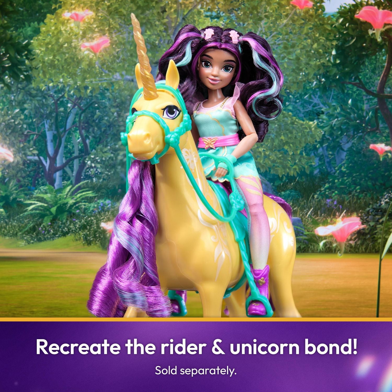 Unicorn Academy, Licorne Leaf avec mouvement de la tête, 2 accessoires d'équitation, 28 cm, compatible avec la poupée Ava, poupées et jouets licornes pour filles à partir de 4 ans