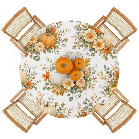 Thanksgiving Fall Farm Pumpkin Round Fitted Tablecloth with Elastic Edge,Waterproof Table Cloth Fits 36"-44" Tables,Wipeable Washable Table Cover for Indoor Outdoor Dinning Party,Autumn Flower Leaves