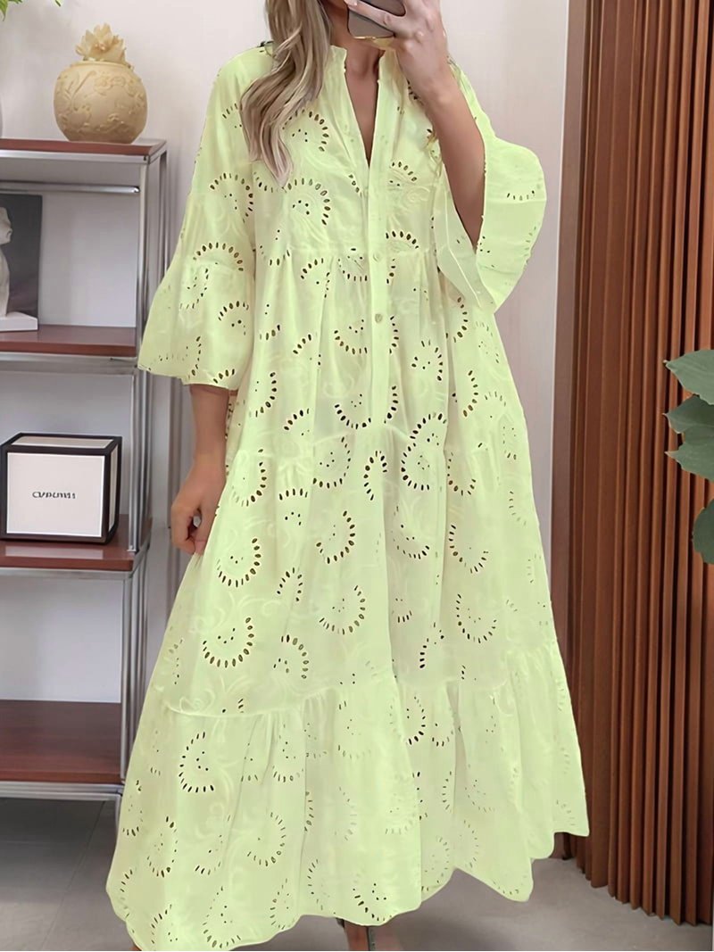 Women'S 2025 Lace Eyelet Embroidery Maxi Dress V-Neck Trumpet Sleeve Boho  Flowy Swing Dress Light Yellow XL - Walmart.com