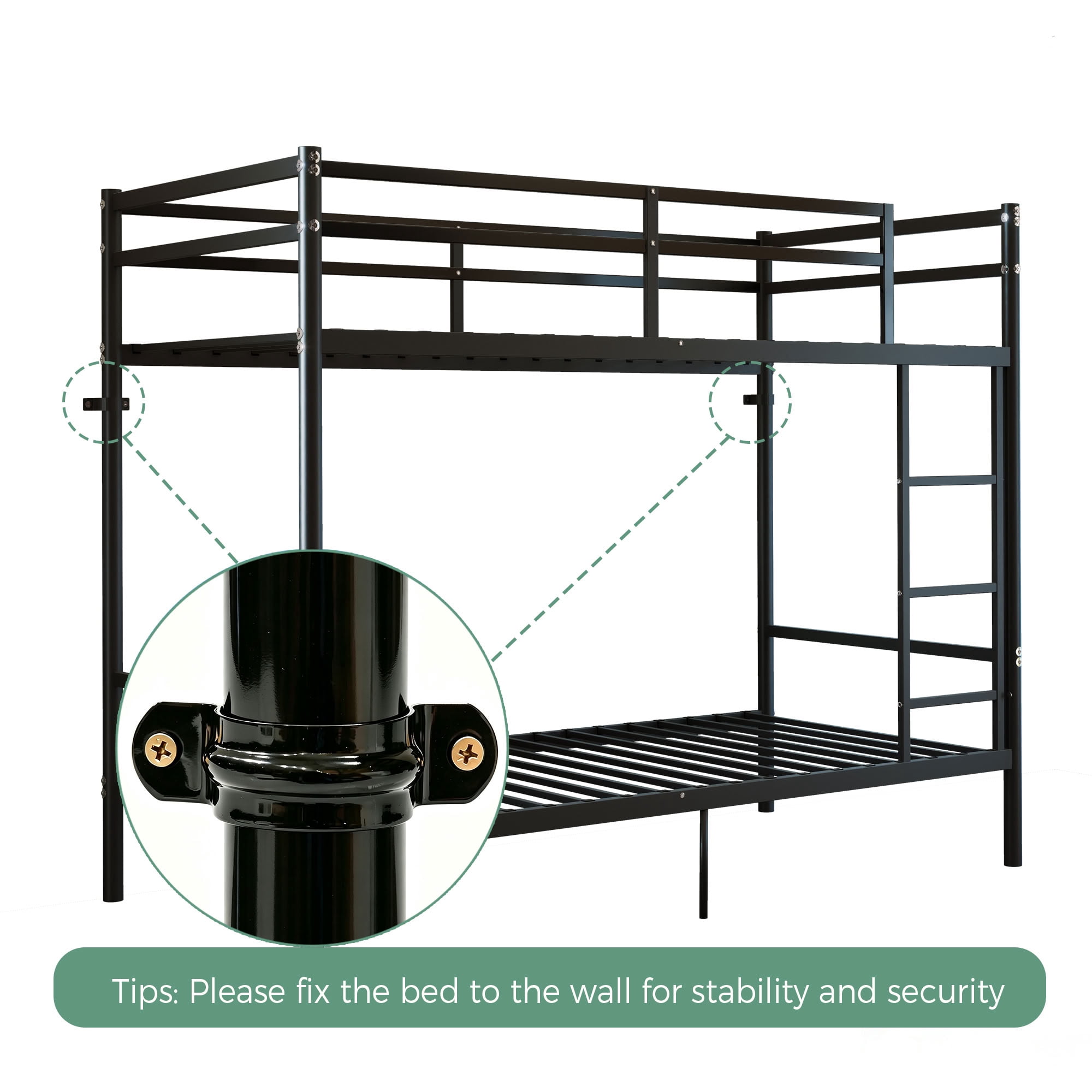 MAYEERTY Heavy Duty Twin Over Twin Metal Bunk Bed, Reinforced Steel Frame with 14" High Guardrails, for Kids Teens Adults, No Box Spring Needed, Black