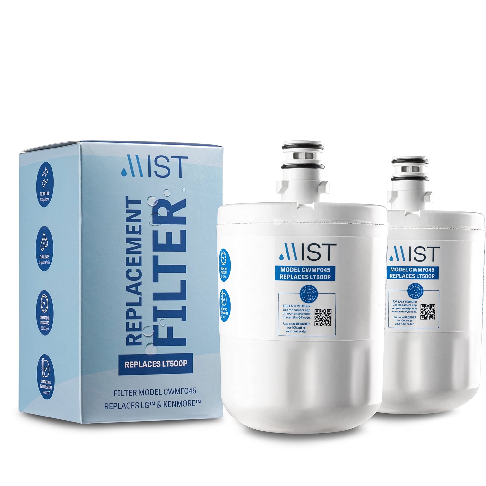 Mist LT500P Refrigerator Water Filter Replacement for LG, Compatible with 5231JA2002A, GEN11042FR-08, ADQ72910911, ADQ729109012, Kenmore 9890, LFX25974ST, LMX25964ST, 2-Pack