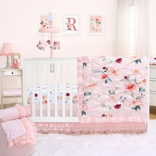 Rose Watercolor Floral Blush Pink 7 Piece Baby Girl Crib Bedding