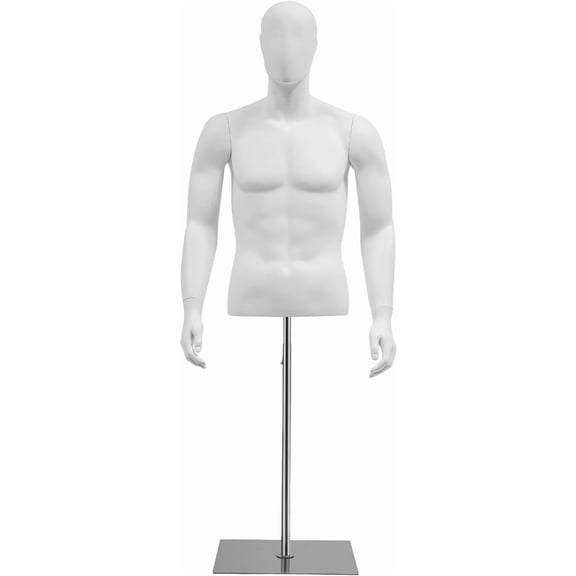 Male Mannequin Torso with Stand & Detachable Arms, Height Adjustable Dress Form Mannequin for Sewing Suit Clothing Manikin Body for Market Shop Window Display (White)