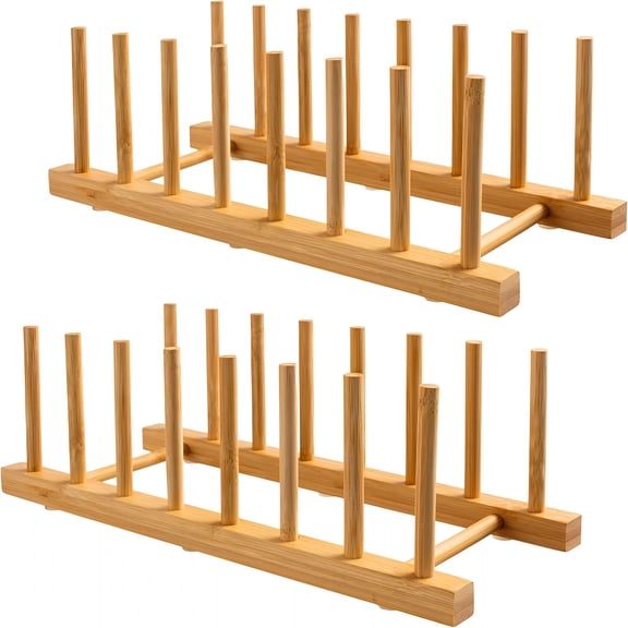 ACDANC 2-Pack Bamboo Wooden Dish Rack Holder Space-Saving Vertical Organizer for Plates,Cups,Pots,Lids,Bowls & Cutting Boards Kitchen Cabinet & Counter Storage