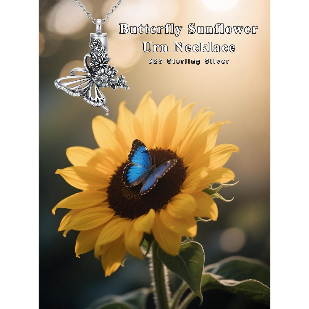 CACA LADY Butterfly Urn Necklace for Ashes 925 Sterling Silver Butterfly Sunflower Memorial Pendant Cremation Keepsake Necklace for Ashes Jewelry Memorial Gifts for Women Loss Loved One