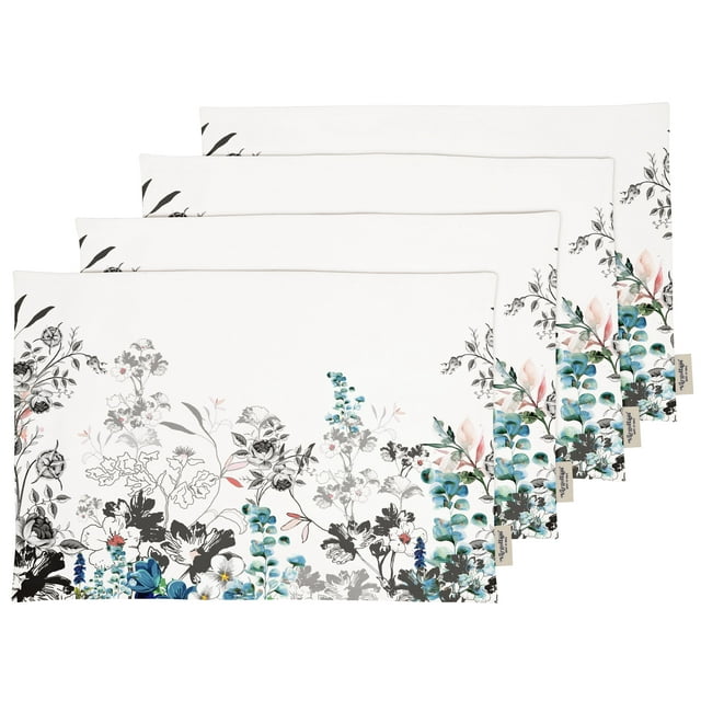 Vargottam Napperons - Napperon pour Table à Manger, Ensemble de 4 - Serviette en Coton Imprimée et Réversible - Napperons d'Intérieur pour Table de Maison et de Cuisine - Fleurs Aquarelle (Bleu et Gris)