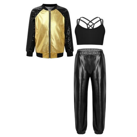 Doomiva Kids Girls Long Sleeve Bomber Jacket Dance Crop Top Sports Bra Vest with Pants Set Jazz Street Dancewear Black&Gold 10