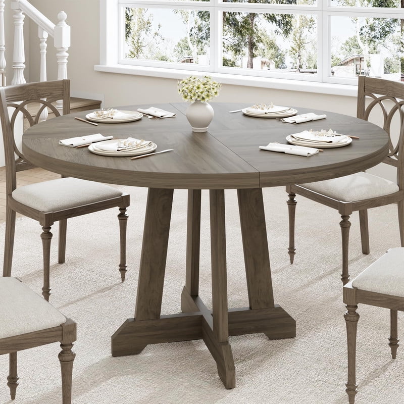 TROPOW Round Dining Table, 47 Inch Dining Table for 4-6, Farmhouse Kitchen Table with Wood Pedestal Cross Base, Thick 1.2'' Tabletop 300LB, Adjustable Feet