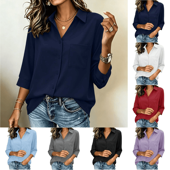 Liuinsasek Shirts for Women V-neck Fashion Solid Color Casual Three-Quarter Sleeve Daily Wear with Pocket Spring Summer Clothing