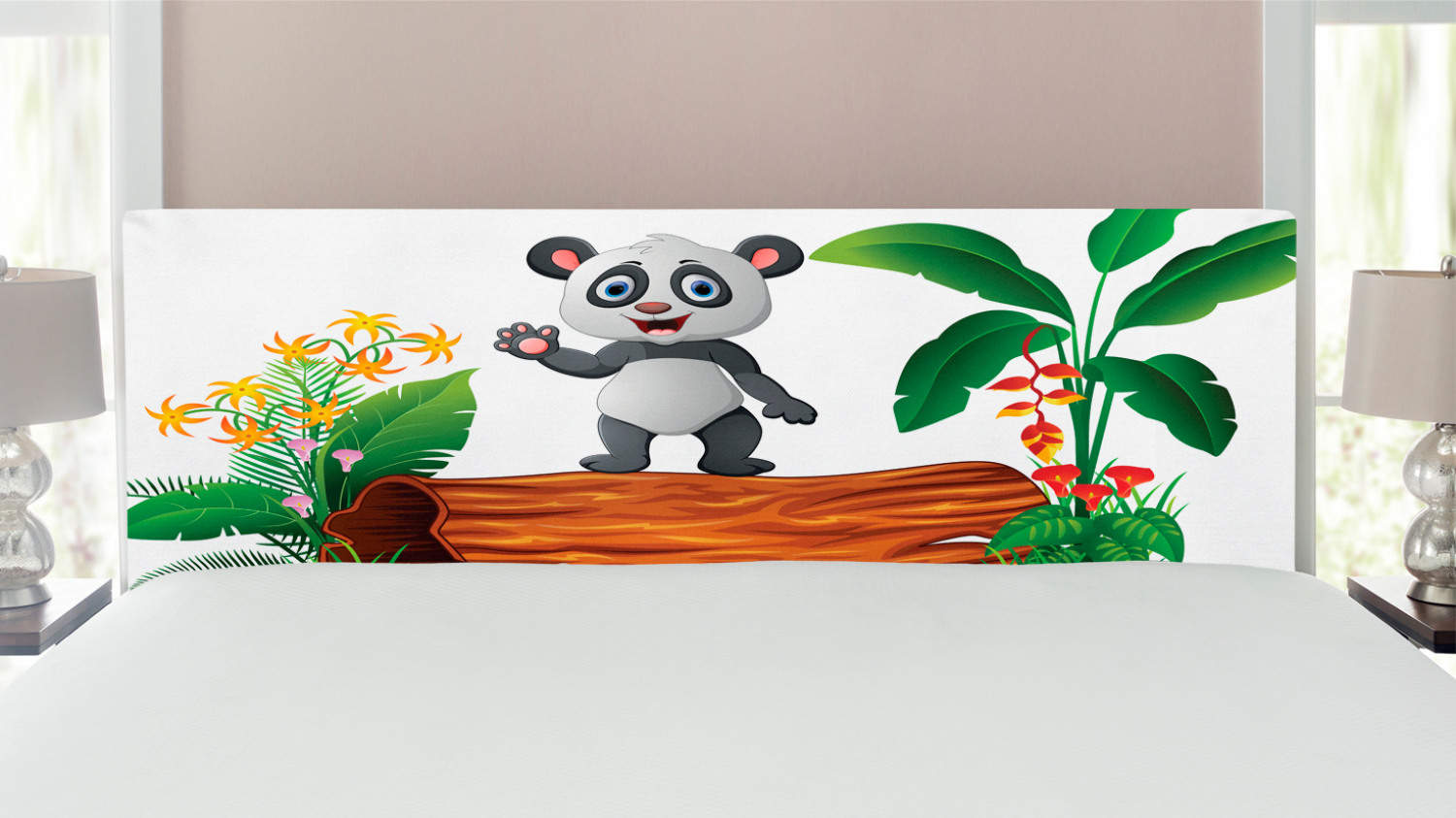Panda Headboard, Panda Standing on a Tree Trunk Tropical Flowers Big