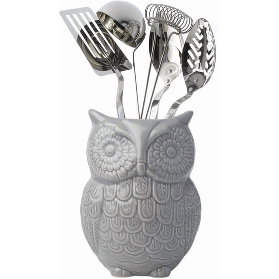 Comfify Ceramic Utensil Holder, Owl Design, Gray, 5 x 7 x 4 in, Countertop