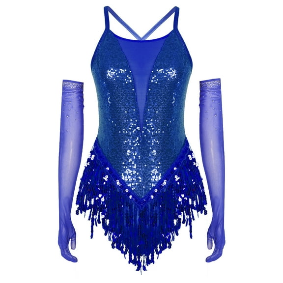 Zaldita Women's Latin Dance Outfits Sparkly Sequins Tassel Leotard with Gloves Royal Blue XL