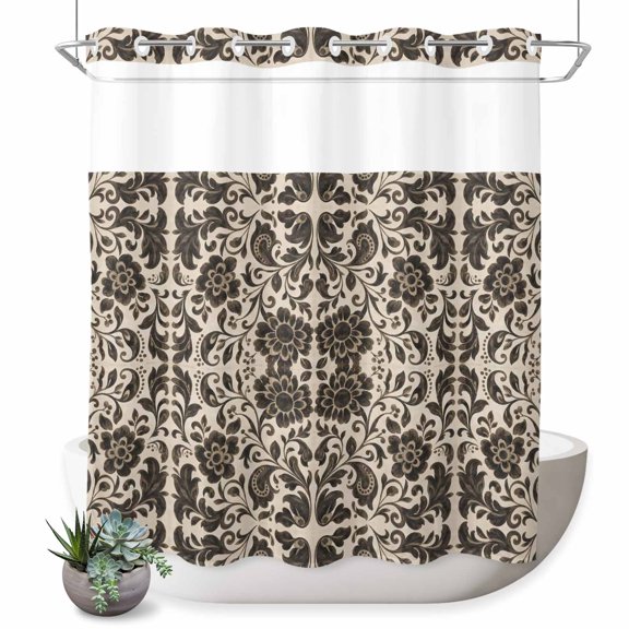 No Hook Shower Curtain, Boho Botanical Shower Curtains for Bathroom with See Through Top Window, Ethnic Vintage Detailed Foliage Waterproof & Washable Bath Curtain Standard 72"x72"