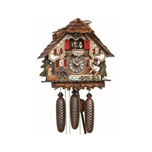 Cuckoo Clock Black Forest house with moving fisherman and moving mill wheel