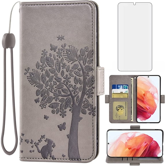 Compatible with Samsung Galaxy S21 Glaxay S 21 5G 6.2 inch Wallet Case and Tempered Glass Screen Protector Flip Wrist Strap Card Holder Stand Cell Phone Cover for Gaxaly 21S G5 Women Men Gray