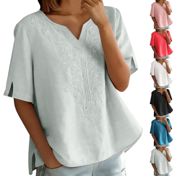 Bxsruta Cotton Linen Embroidered V Neck Blouse Casual Loose Short Sleeve Pullover Top for Women