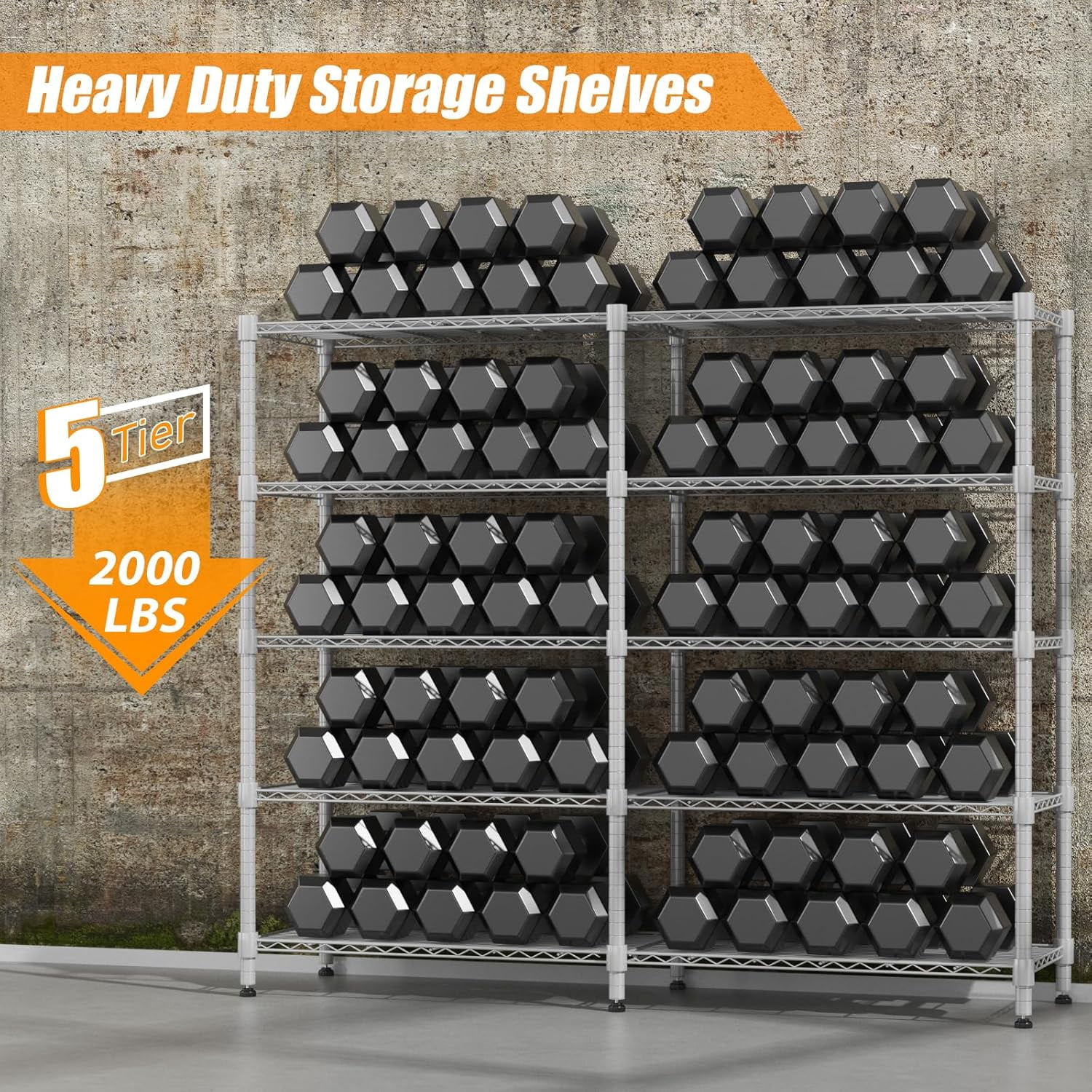 Sailvan 5-Tier Heavy Duty Metal Storage Rack, 60"W x 14"D x 72"H, 1500LBS Capacity Adjustable Wire Shelving Unit for Garage Pantry Kitchen,Silver