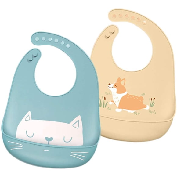 Babero de silicona suave para bebé, paquete de 2 baberos de silicona impermeables, fáciles de limpiar - Silicona ultrasuave - Con bolsillo grande para recoger migas (2)