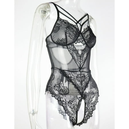 Lace Pajamas One Piece Slim V Neck Back Hollow Out Sleeveless Charming Bodysuit for Women Lady Black L