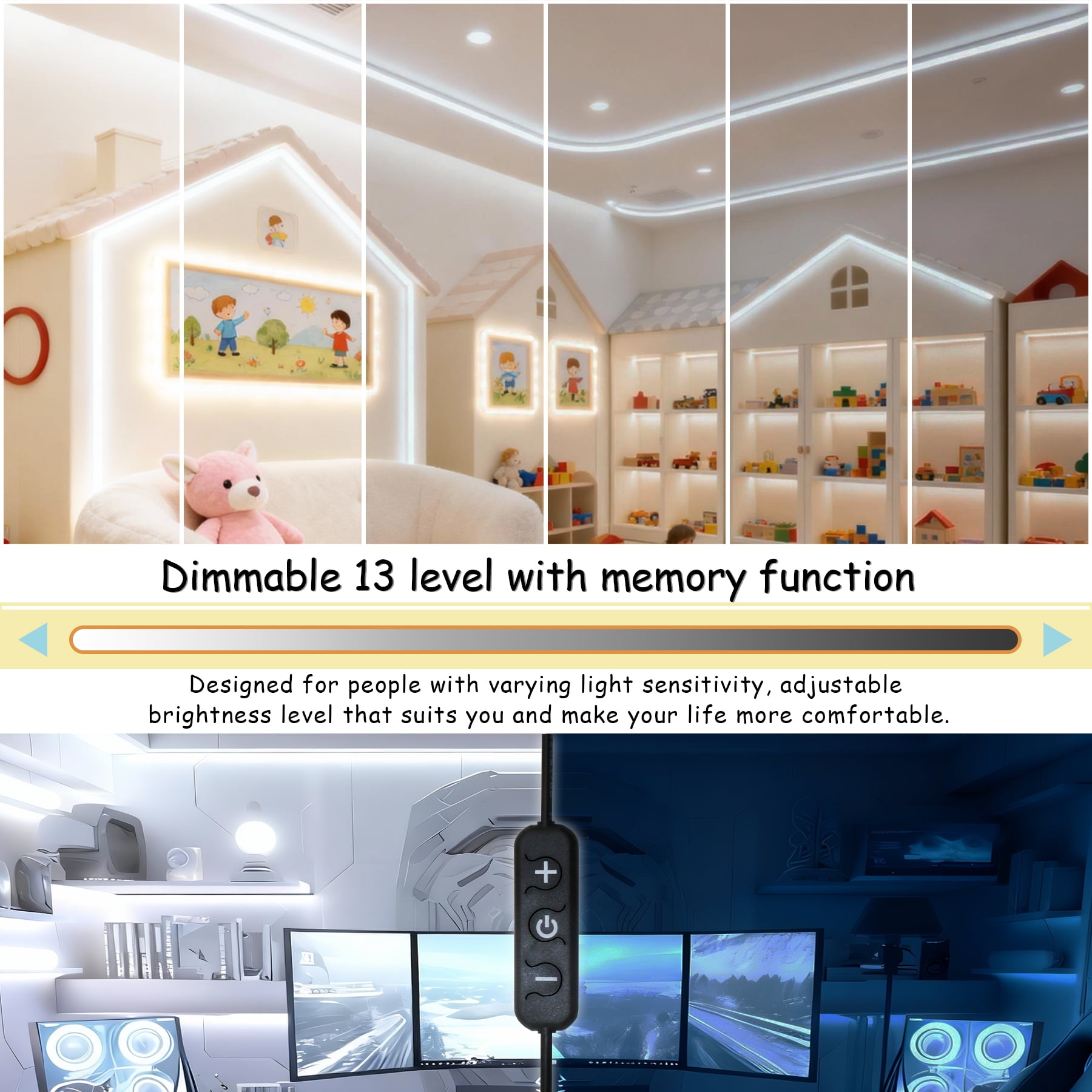 30 Ft White Led Strip Lights with Dimmer Control for Easter Housewarming Party Indoor Decor Cuttable Strip Lights for Baby Room Bedroom Living Room Kitchen