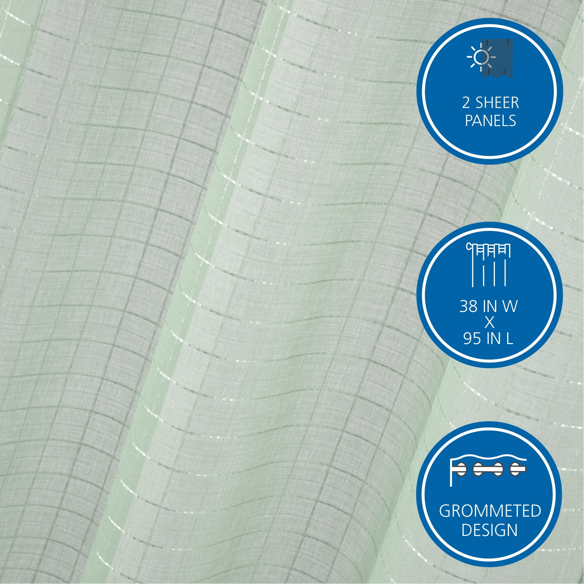 Mainstays Windowpane Sheer Curtain Panel Pair, Set of 2,Soft Sea, 38" W x 95" L