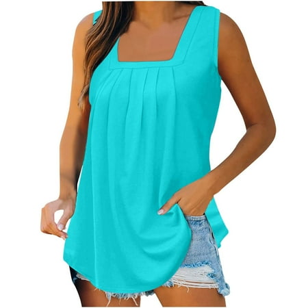Yubnlvae Women s Pleated Square Neck Tank Top - 2025 Summer Loose Fit Flowy Sleeveless Blouse (Curved Hem | Breathable Cotton | Casual Elegance) (Sky Blue | S)