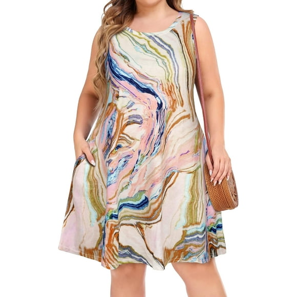 Aux Robes d'Été pour Femmes Tshirt Décontracté de Plage Grande Taille Floral Manches Courtes en Vrac Sundresses Fluides Rose Impression Colorée 3X-Large