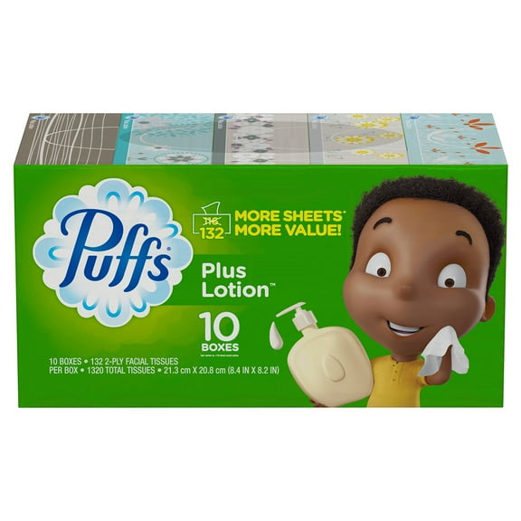 Puffs Plus Lotion Facial Tissues, 10 Family Boxes, 132 Tissues Per Box