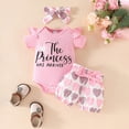 thumbnail image 2 of Toddler Baby Girl Summer Outfits Cute The Princess Has Arrived Print Romper & Heart Print Bloomers with Headband 3-Piece Outfit Baby Girl Gift Set 9-12 Months, 2 of 7