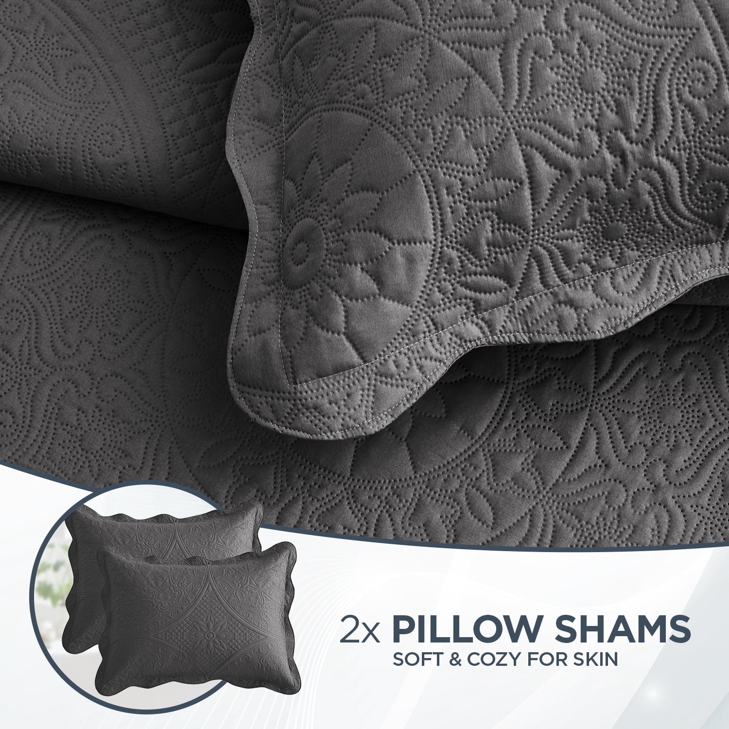 IR Imperial Rooms 3Pc-Embossed Bedspread Soft Microfiber Floral Modern Quilt Set Lightweight Queen Charcoal