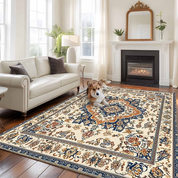 5'x8' Area Rugs, Orange Blue Ethnic Rustic Indoor Outdoor Area Rug for Living Room Bedroom, Heritage Boho Southwestern Washable Bathroom Rugs Kitchen Floor Carpet Mats Home Decor Aesthetic