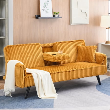 Aukfa 72" Futon Convertible Sofa Bed, 2 Cup Holders& Pillow, Straight-line Tufted Corduroy, Mustard